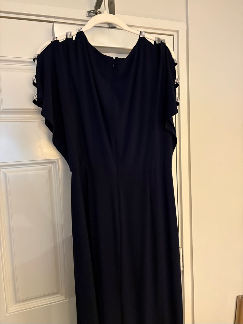 Rare Editions Navy Blue Maxi Dress with Rhinestone-Trim Shoulders
